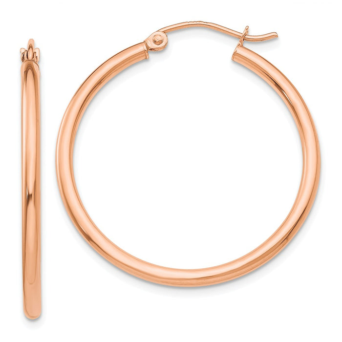 Million Charms 10K Rose Gold Polished 2mm Tube Hoop Earrings, 31.6mm x 30.53mm