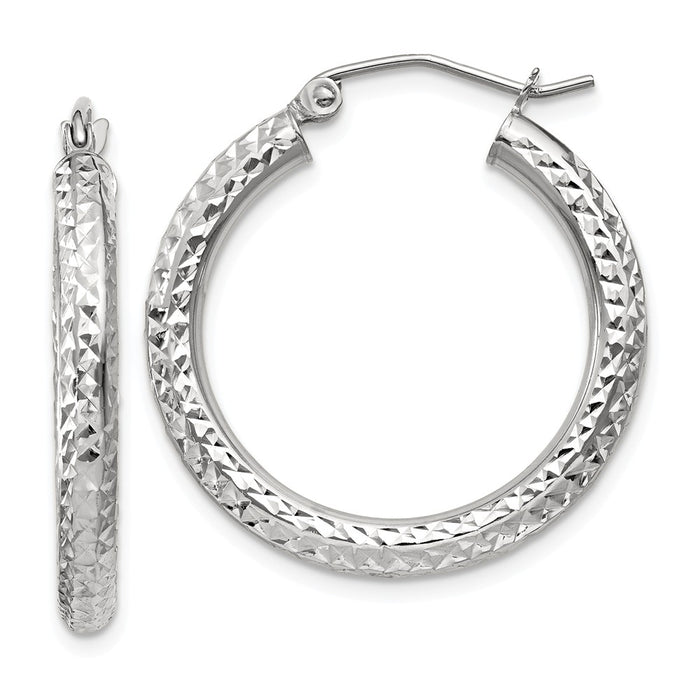Million Charms 10k White Gold Diamond-cut 3mm Round Hoop Earrings, 20mm x 3mm