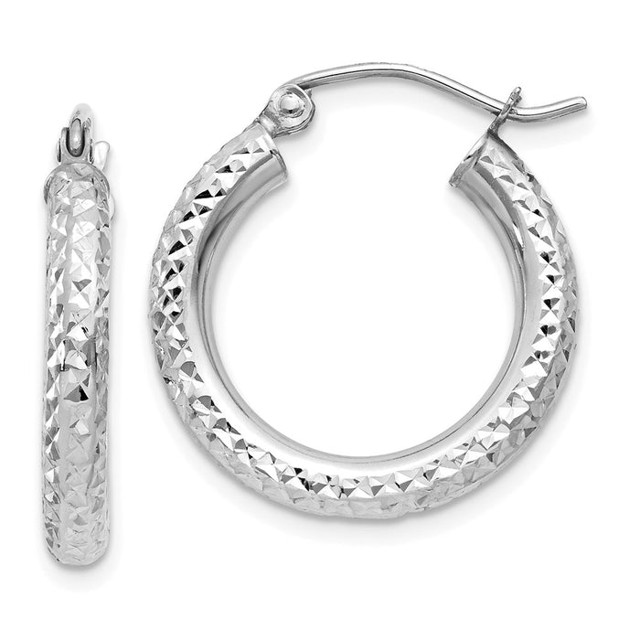 Million Charms 10k White Gold Diamond-cut 3mm Round Hoop Earrings, 15mm x 3mm