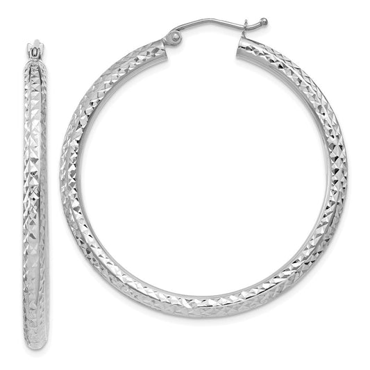 Million Charms 10k White Gold Diamond-cut 3mm Round Hoop Earrings, 35mm x 3mm