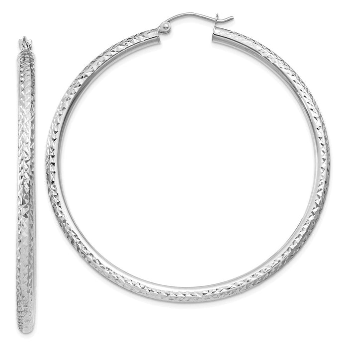 Million Charms 10k White Gold Diamond-cut 3mm Round Hoop Earrings, 50mm x 3mm