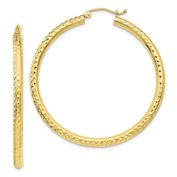 Million Charms 10k Yellow Gold Diamond-cut 3mm Round Hoop Earrings, 40mm x 3mm