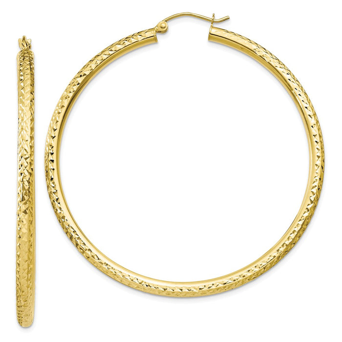 Million Charms 10k Yellow Gold Diamond-cut 3mm Round Hoop Earrings, 50mm x 3mm