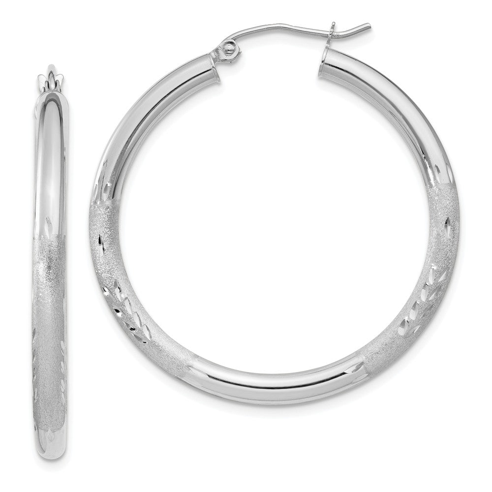 Million Charms 10k White Gold Satin & Diamond-cut 3mm Round Hoop Earrings, 30mm x 3mm