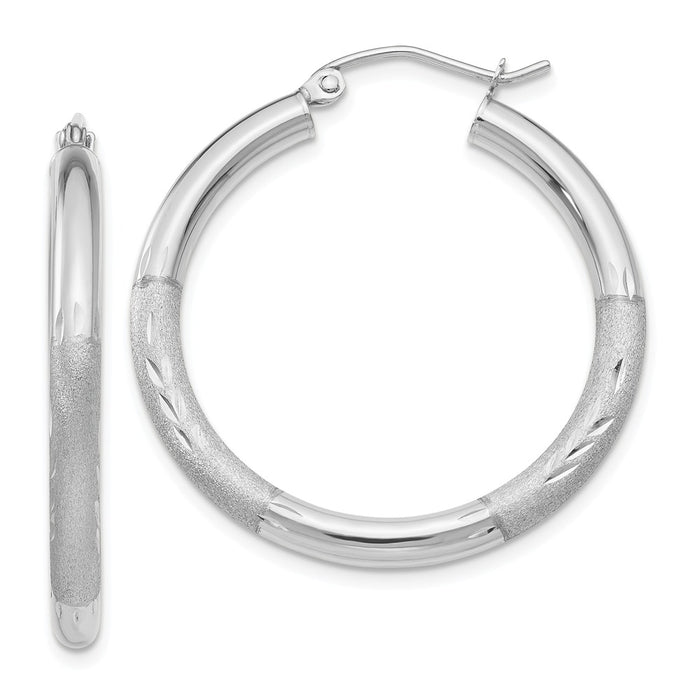 Million Charms 10k White Gold Satin & Diamond-cut 3mm Round Hoop Earrings, 25mm x 3mm