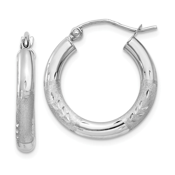 Million Charms 10k White Gold Satin & Diamond-cut 3mm Round Hoop Earrings, 15mm x 3mm