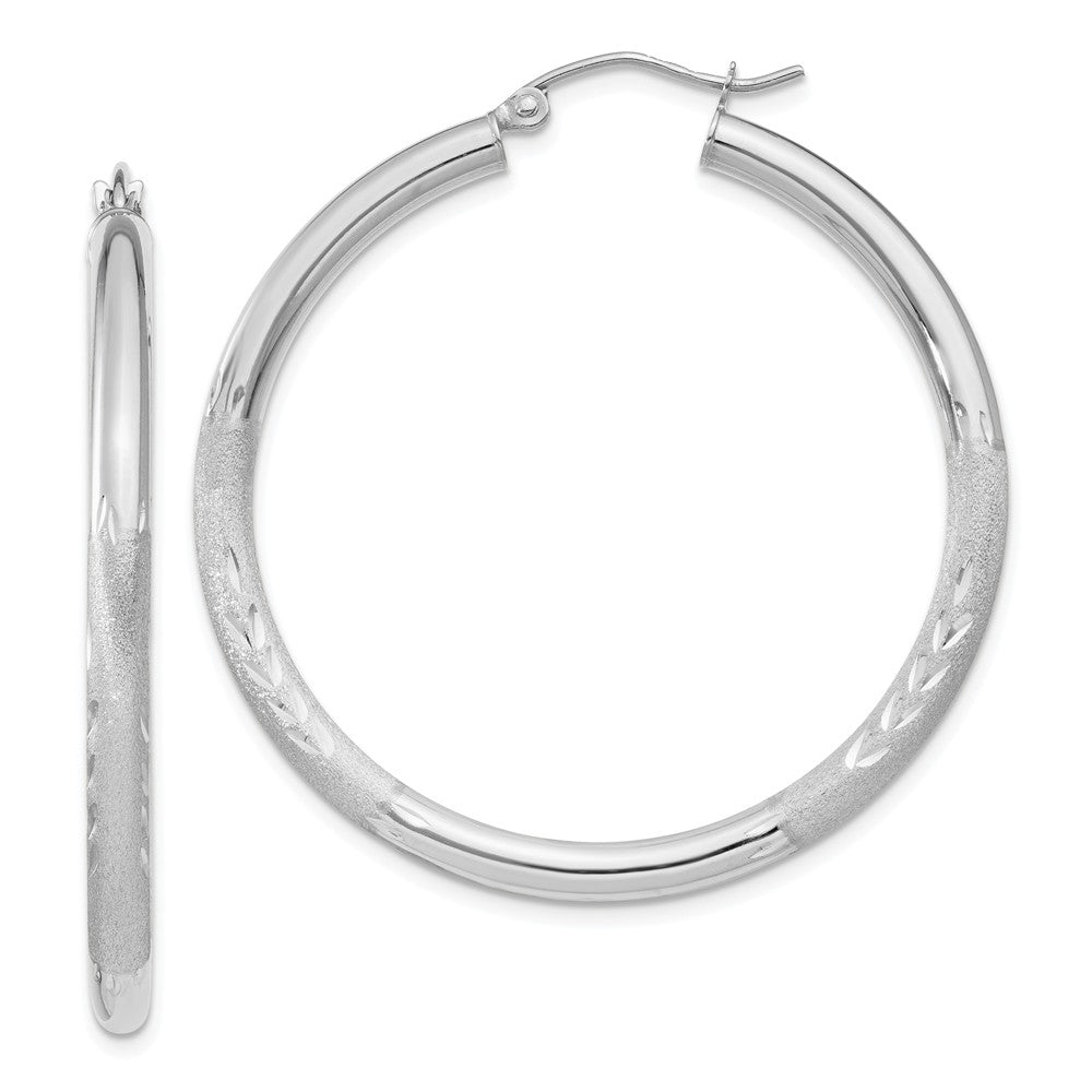 Million Charms 10k White Gold Satin & Diamond-cut 3mm Round Hoop Earrings, 35mm x 3mm