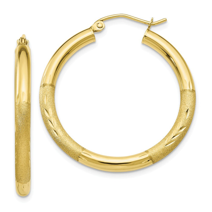 Million Charms 10k Yellow Gold Satin & Diamond-cut 3mm Round Hoop Earrings, 30mm x 3mm