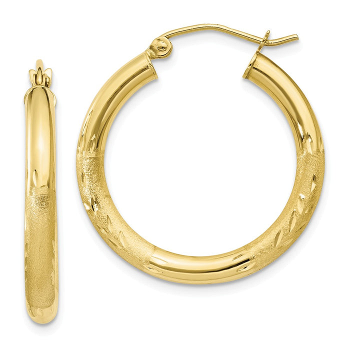 Million Charms 10k Yellow Gold Satin & Diamond-cut 3mm Round Hoop Earrings, 25mm x 3mm