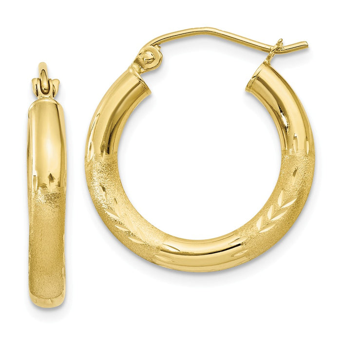 Million Charms 10k Yellow Gold Satin & Diamond-cut 3mm Round Hoop Earrings, 20mm x 3mm