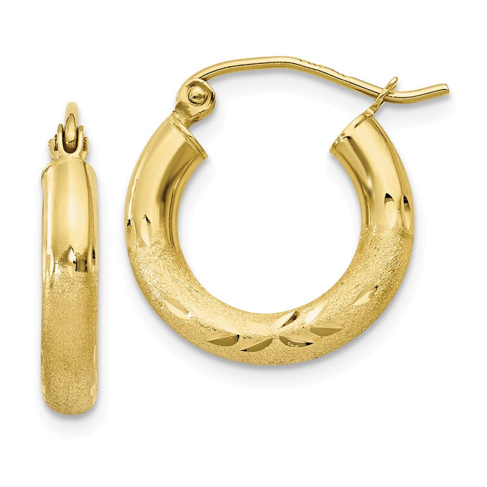Million Charms 10k Yellow Gold Satin & Diamond-cut 3mm Round Hoop Earrings, 16mm x 3mm