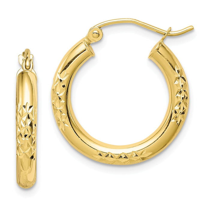 Million Charms 10k Yellow Gold Diamond-cut 3x20mm Hollow Tube Hoop Earrings, 21mm x 20mm
