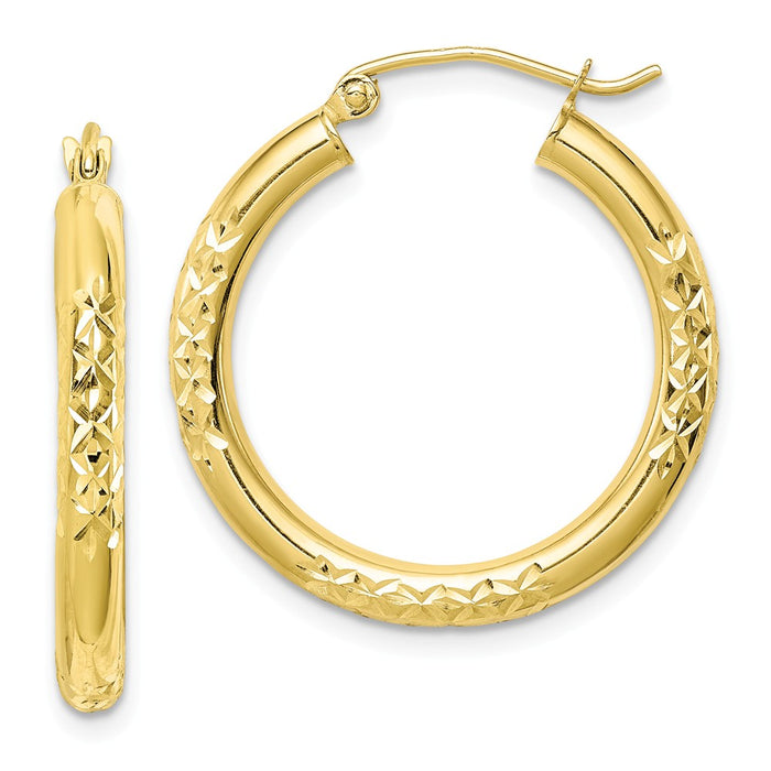 Million Charms 10k Yellow Gold Diamond-cut 3x25mm Hollow Tube Hoop Earrings, 26mm x 25mm