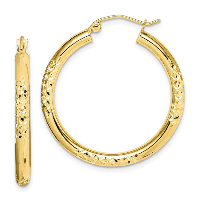 Million Charms 10k Yellow Gold Diamond-cut 3x30mm Hollow Tube Hoop Earrings, 31mm x 30mm