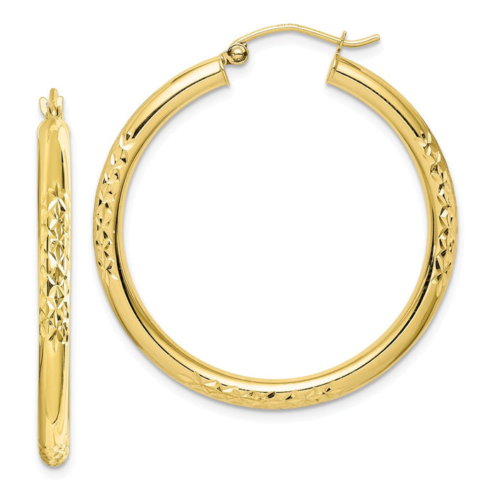 Million Charms 10k Yellow Gold Diamond-cut 3x35mm Hollow Tube Hoop Earrings, 36mm x 35mm