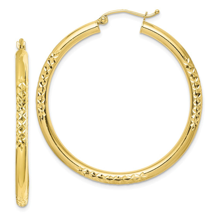 Million Charms 10k Yellow Gold Diamond-cut 3x40mm Hollow Tube Hoop Earrings, 41mm x 40mm