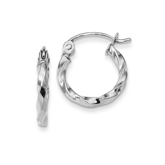 Million Charms 10k White Gold Twist Polished Hoop Earring, 13.34mm x 12.08mm