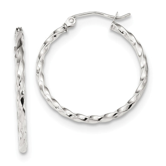 Million Charms 10k White Gold Twist Polished Hoop Earring, 26.65mm x 25.09mm