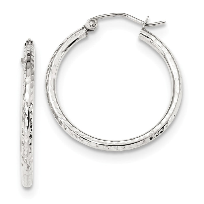 Million Charms 10k White Gold Diamond-cut 2mm Round Tube Hoop Earrings, 26.91mm x 25.22mm