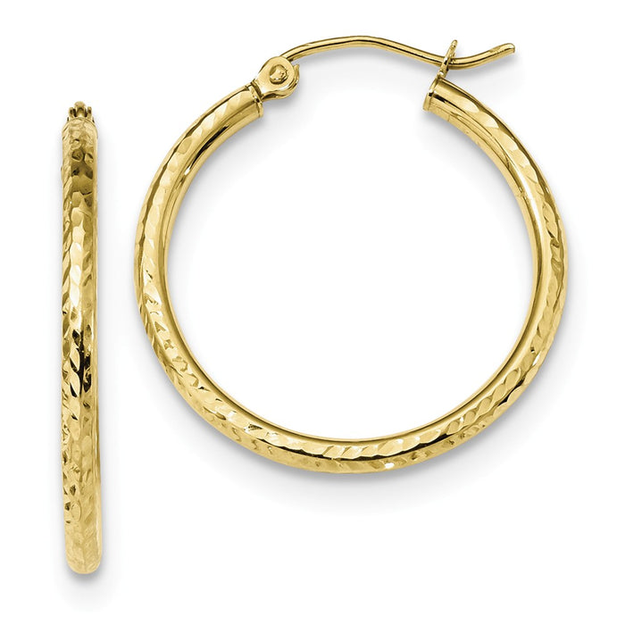 Million Charms 10k Yellow Gold Diamond-cut 2mm Round Tube Hoop Earrings, 26.91mm x 25.22mm
