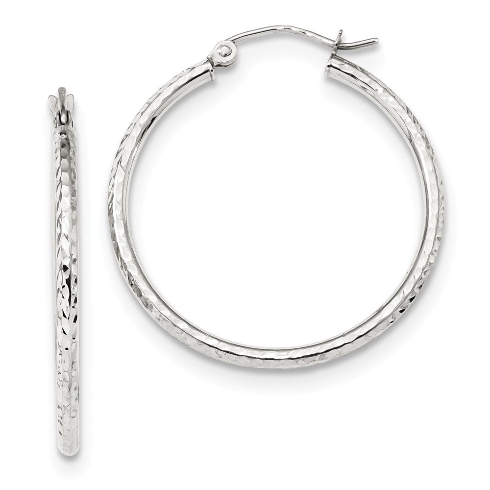 Million Charms 10k White Gold Diamond-cut 2mm Round Tube Hoop Earrings, 31.63mm x 29.83mm