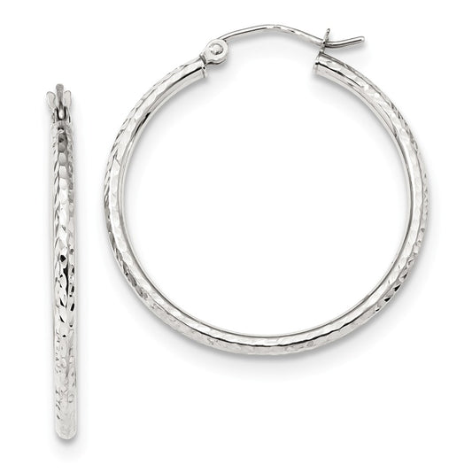 Million Charms 10k White Gold Diamond-cut 2mm Round Tube Hoop Earrings, 31.63mm x 29.83mm