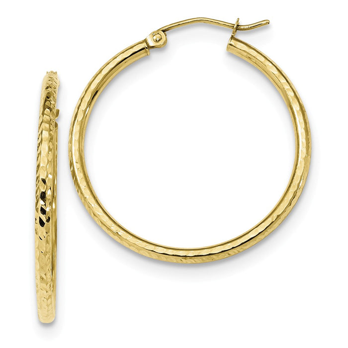 Million Charms 10k Yellow Gold Diamond-cut 2mm Round Tube Hoop Earrings, 31.63mm x 29.83mm