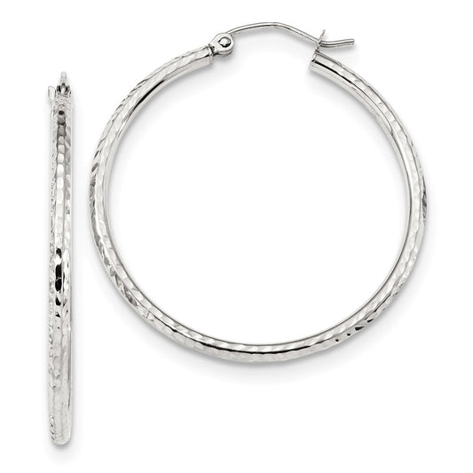 Million Charms 10k White Gold Diamond-cut 2mm Round Tube Hoop Earrings, 36.77mm x 34.86mm