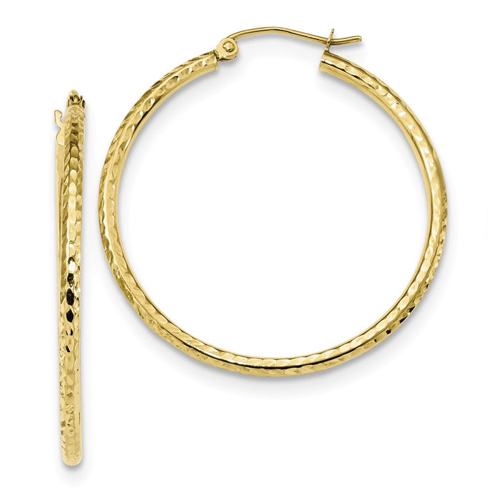 Million Charms 10k Yellow Gold Diamond-cut 2mm Round Tube Hoop Earrings, 36.77mm x 34.86mm