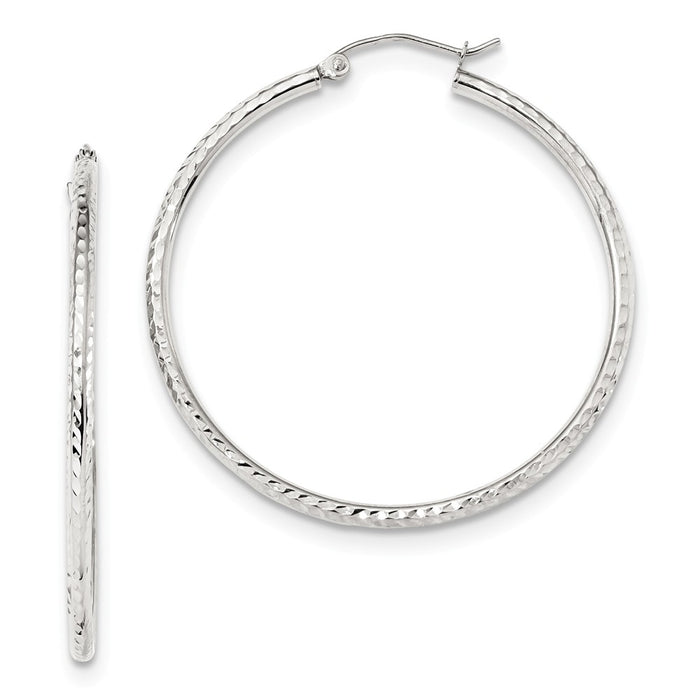 Million Charms 10k White Gold Diamond-cut 2mm Round Tube Hoop Earrings, 41.02mm x 39.37mm