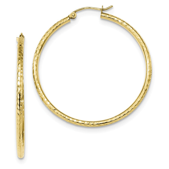 Million Charms 10k Yellow Gold Diamond-cut 2mm Round Tube Hoop Earrings, 41.02mm x 39.37mm