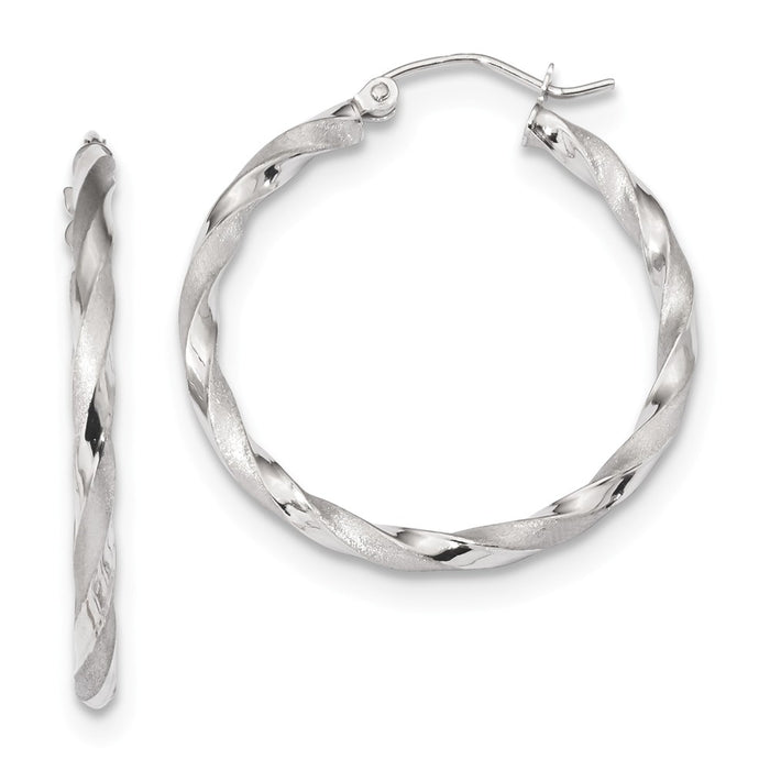 Million Charms 10k White Gold Polished & Satin Twisted Hoop Earrings, 31.71mm x 30.15mm