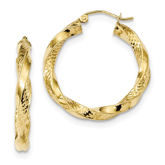 Million Charms 10k Yellow Gold Polished & Textured Twist Hoop Earrings, 32.18mm x 29.92mm