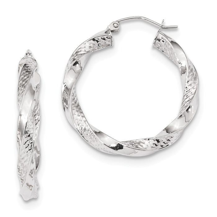 Million Charms 10K White Gold Polished & Textured Twist Hoop Earrings, 32.18mm x 29.92mm