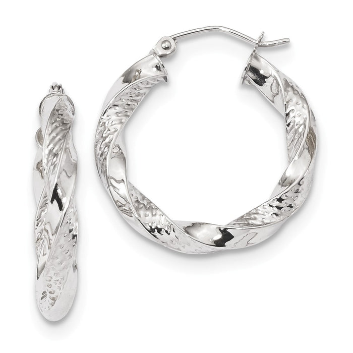 Million Charms 10K White Gold Polished & Textured Twist Hoop Earrings, 26.34mm x 25.13mm