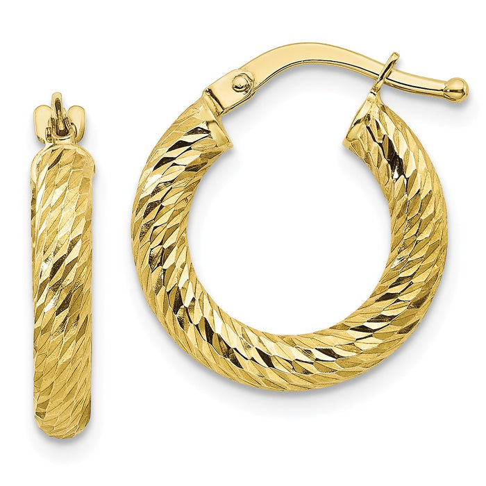 Million Charms 10k Yellow Gold 3x10 Diamond-cut Round Hoop Earrings, 17.35mm x 16.1mm