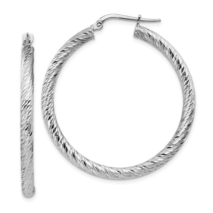 Million Charms 10k 3x30 White Gold Diamond-cut Round Hoop Earrings, 39.75mm x 38mm