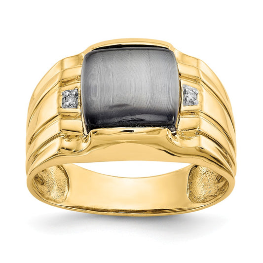10k Yellow Gold Gray Cats Eye & .01ct Diamond Men's Ring, Size: 10