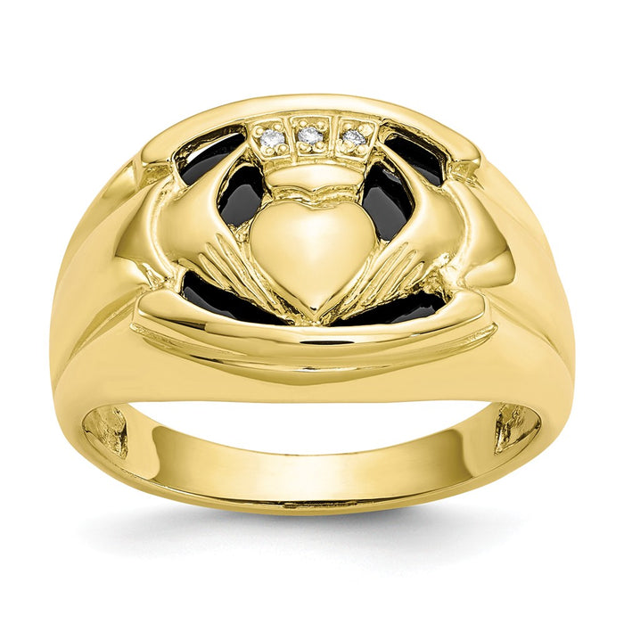 10k Yellow Gold Men's Diamond and Black Onyx Claddagh Ring, Size: 10