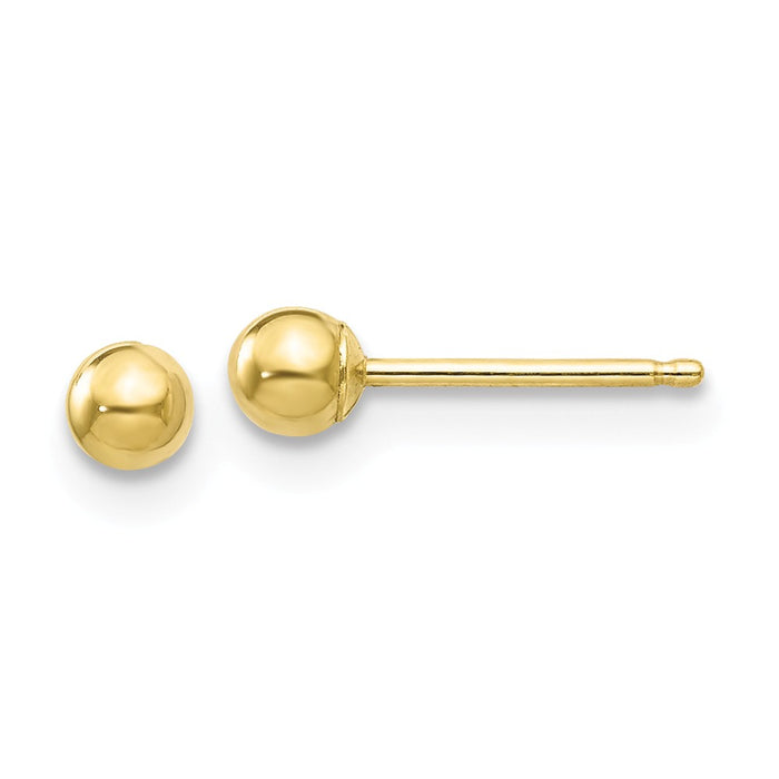 Million Charms 10k Yellow Gold Polished 3mm Ball Post Earrings, 3mm x 3mm