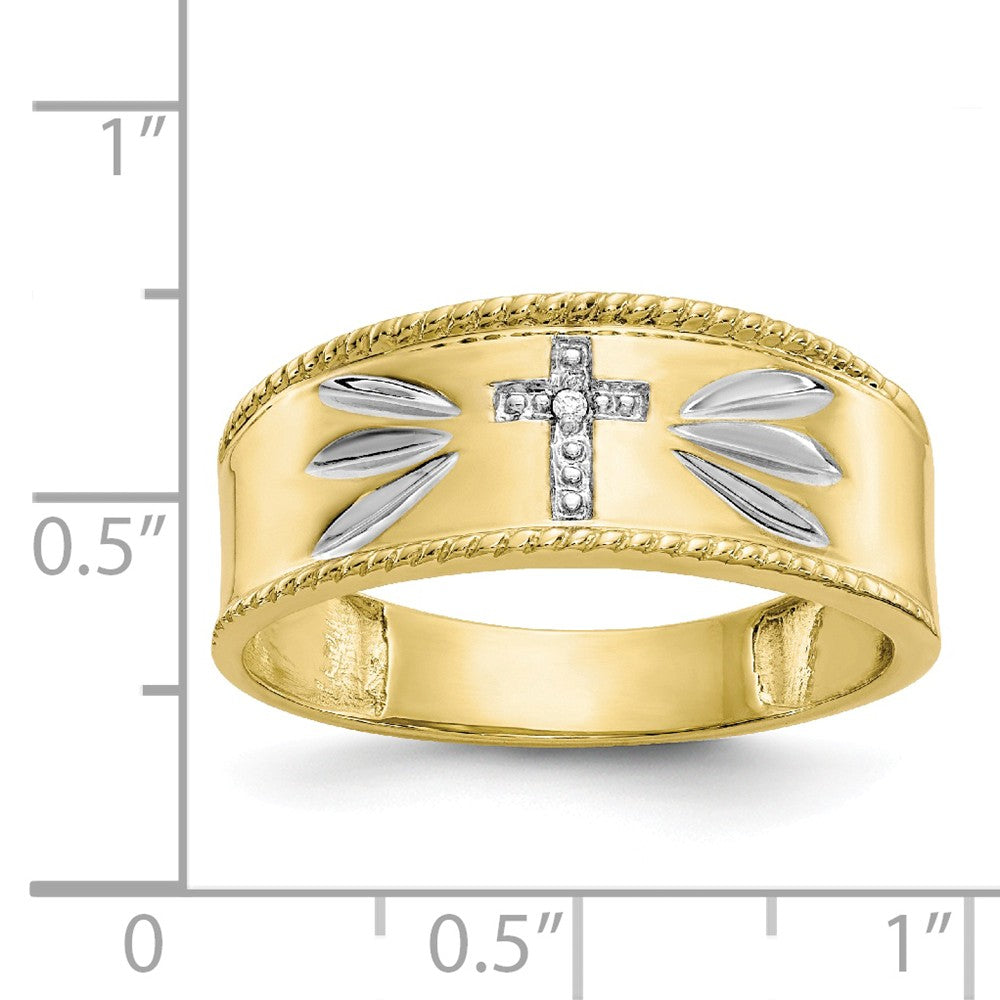 10k Yellow Gold & Rhodium .01ct. Diamond Trio Men's Cross Wedding Band, Size: 10