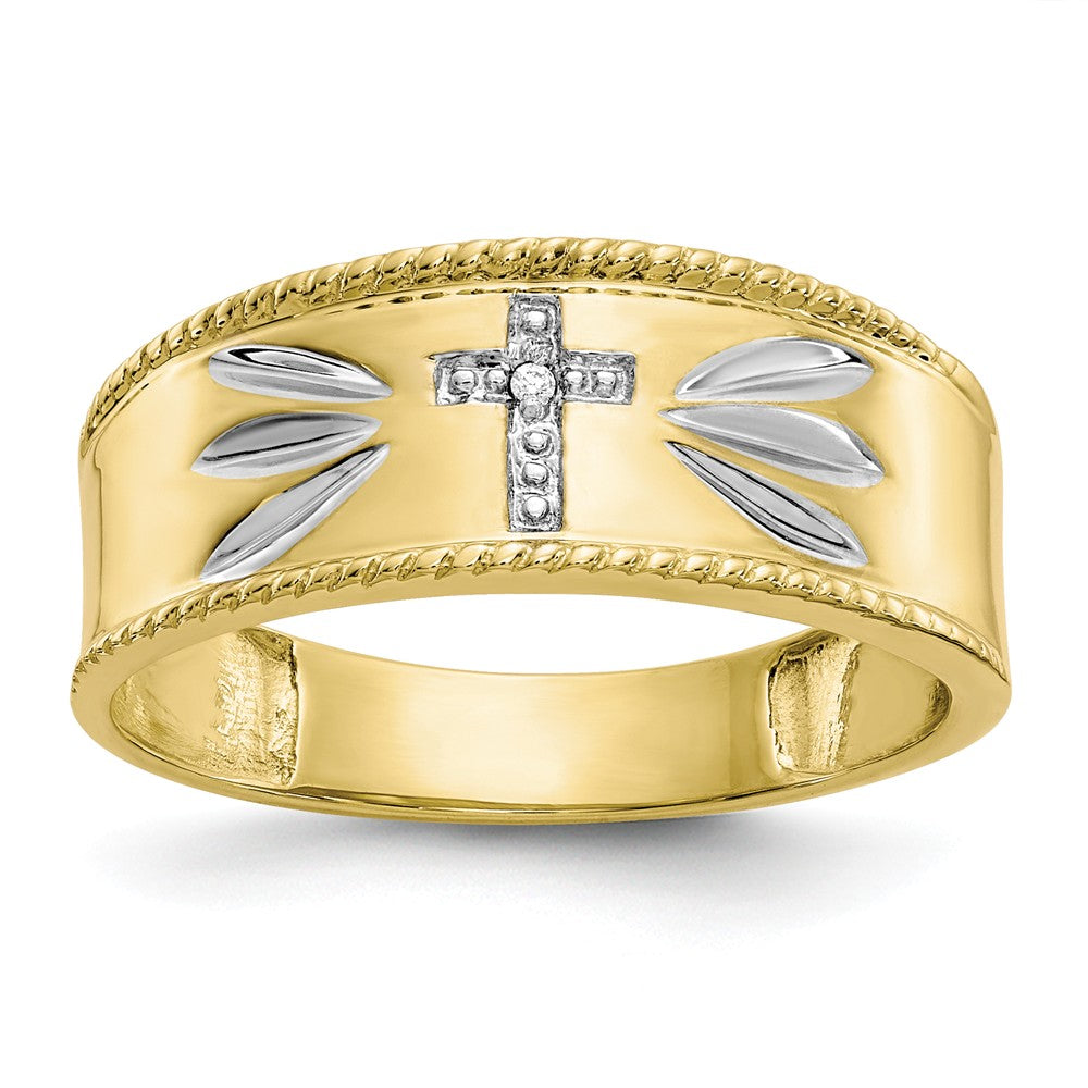 10k Yellow Gold & Rhodium .01ct. Diamond Trio Men's Cross Wedding Band, Size: 10