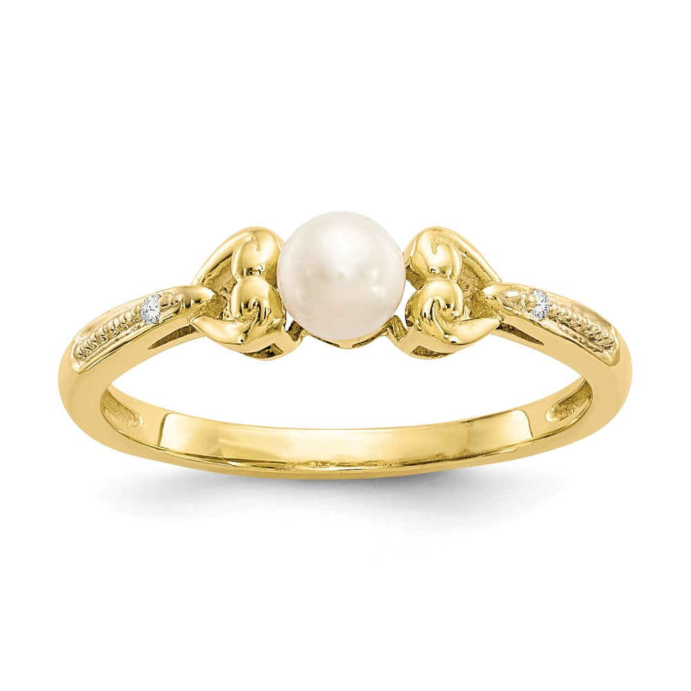 10k Yellow Gold Freshwater Cultured Pearl Diamond Ring, Size: 7