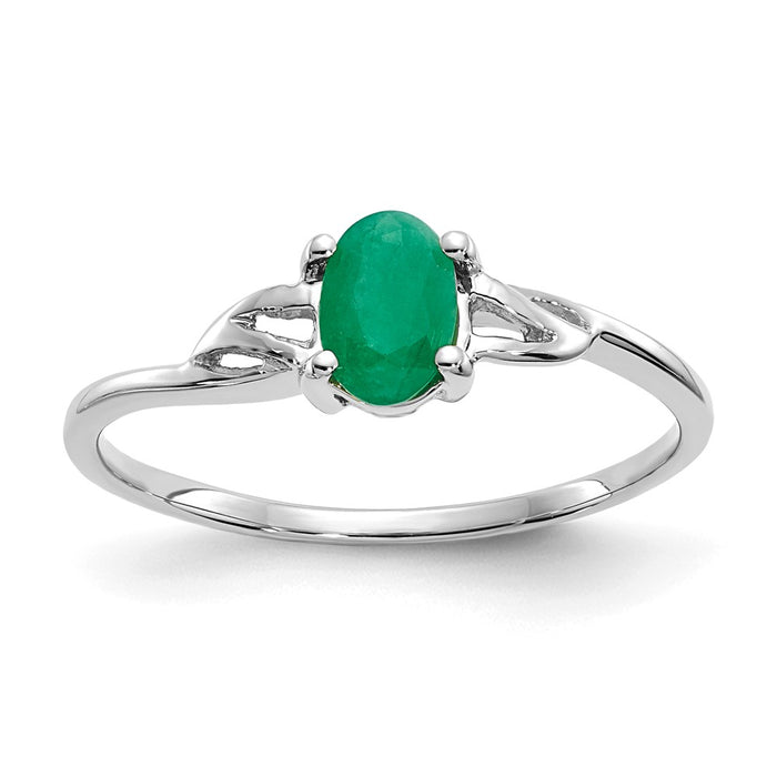 10k White Gold Polished Geniune Emerald Birthstone Ring, Size: 7