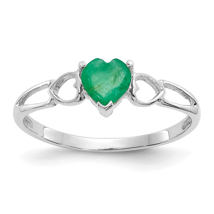 10k White Gold Polished Geniune Emerald Birthstone Ring, Size: 6