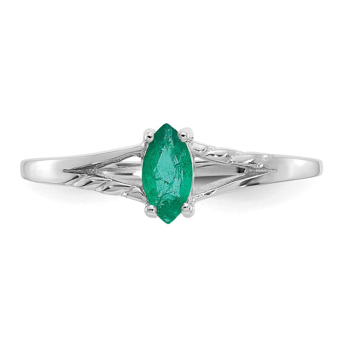 10k White Gold Polished Geniune Emerald Birthstone Ring, Size: 6