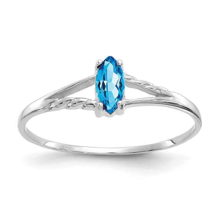 10k White Gold Polished Geniune Blue Topaz Birthstone Ring, Size: 6