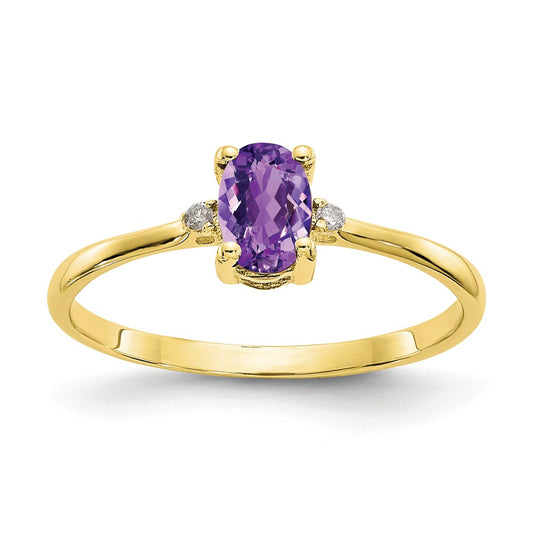 10k Yellow Gold Polished Geniune Diamond & Amethyst Birthstone Ring, Size: 6