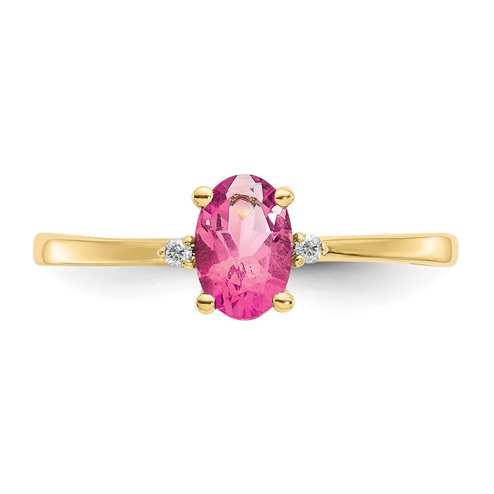 10k Yellow Gold Polished Geniune Diamond & Pink Tourmaline Birthstone Ring, Size: 6
