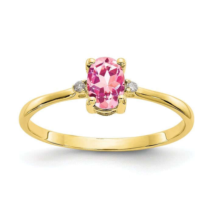10k Yellow Gold Polished Geniune Diamond & Pink Tourmaline Birthstone Ring, Size: 6